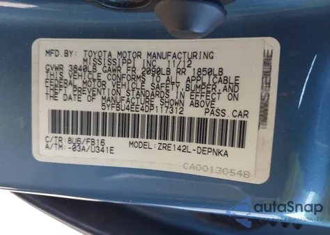 2013 Toyota Corolla Le z USA, uszkodzony, nr VIN 5YFBU4EE4DP117312